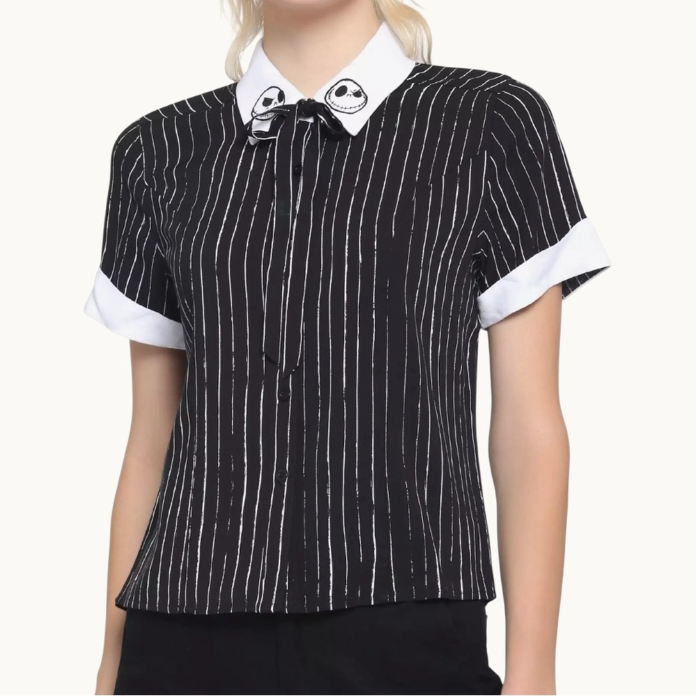 The Nightmare Before Christmas Jack Pinstripe Girls Woven Button-Up Top Size SM